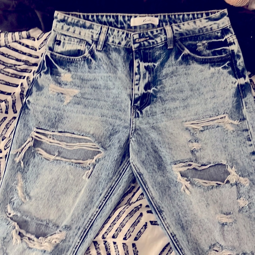 KanCan boyfriend fit with acid wash and lots of distressing